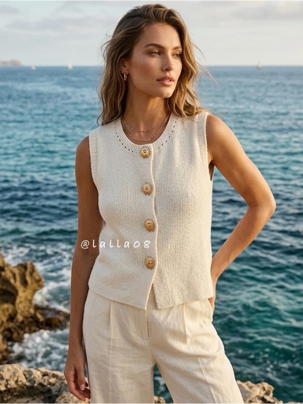 Caroline Constas Sleeveless Ivory Knit Button Front Vest with Decorative Buttons